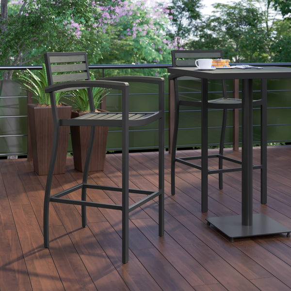 Gray Wash |#| Commercial Grade Outdoor Bar Stool with Armrests and Poly Resin Slats-Gray Wash