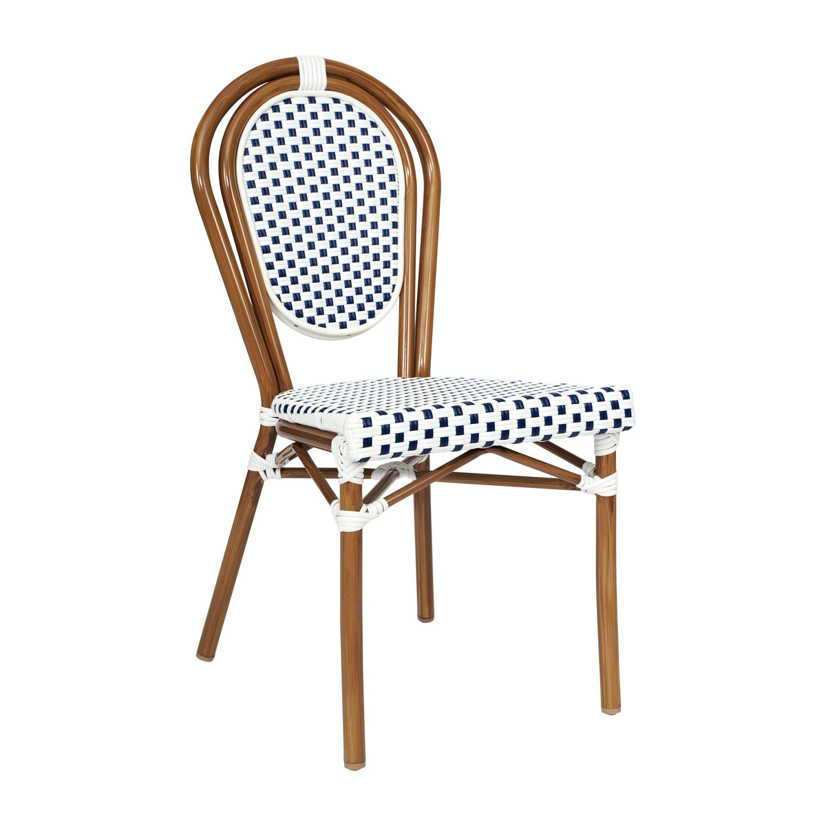 White & Navy/Natural Frame |#| All-Weather Commercial Paris Chair with Bamboo Print Metal Frame-White/Navy