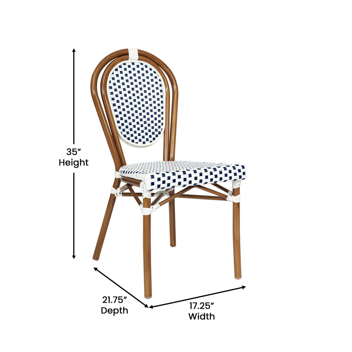 White & Navy/Natural Frame |#| All-Weather Commercial Paris Chair with Bamboo Print Metal Frame-White/Navy