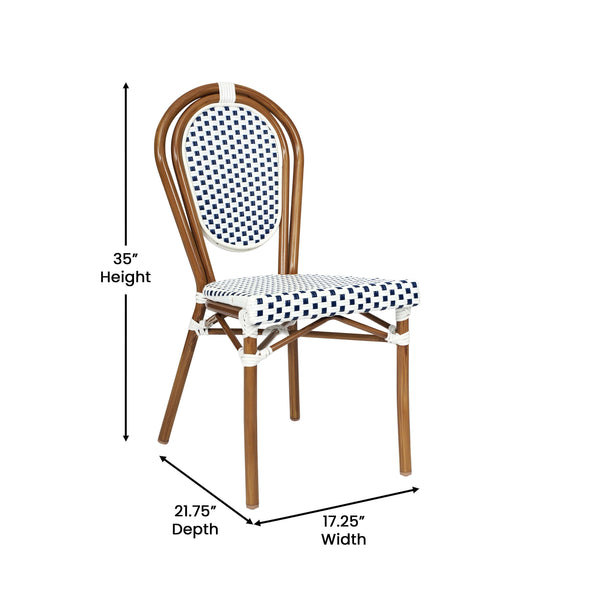 White & Navy/Natural Frame |#| All-Weather Commercial Paris Chair with Bamboo Print Metal Frame-White/Navy