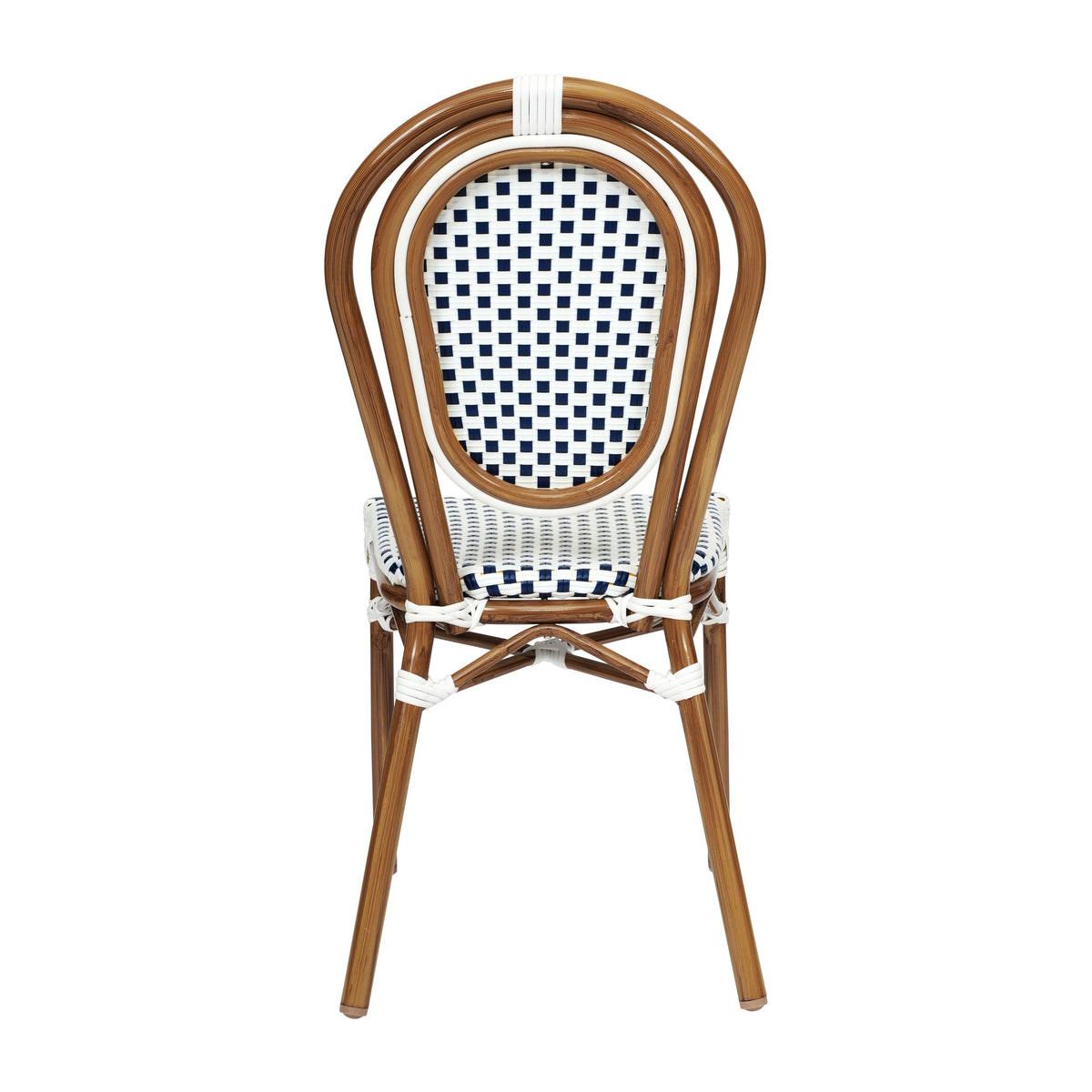 White & Navy/Natural Frame |#| All-Weather Commercial Paris Chair with Bamboo Print Metal Frame-White/Navy