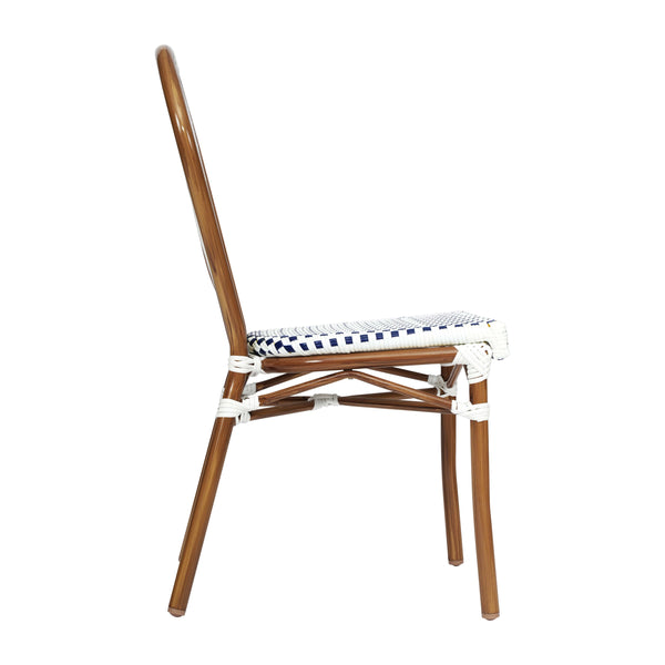 White & Navy/Natural Frame |#| All-Weather Commercial Paris Chair with Bamboo Print Metal Frame-White/Navy