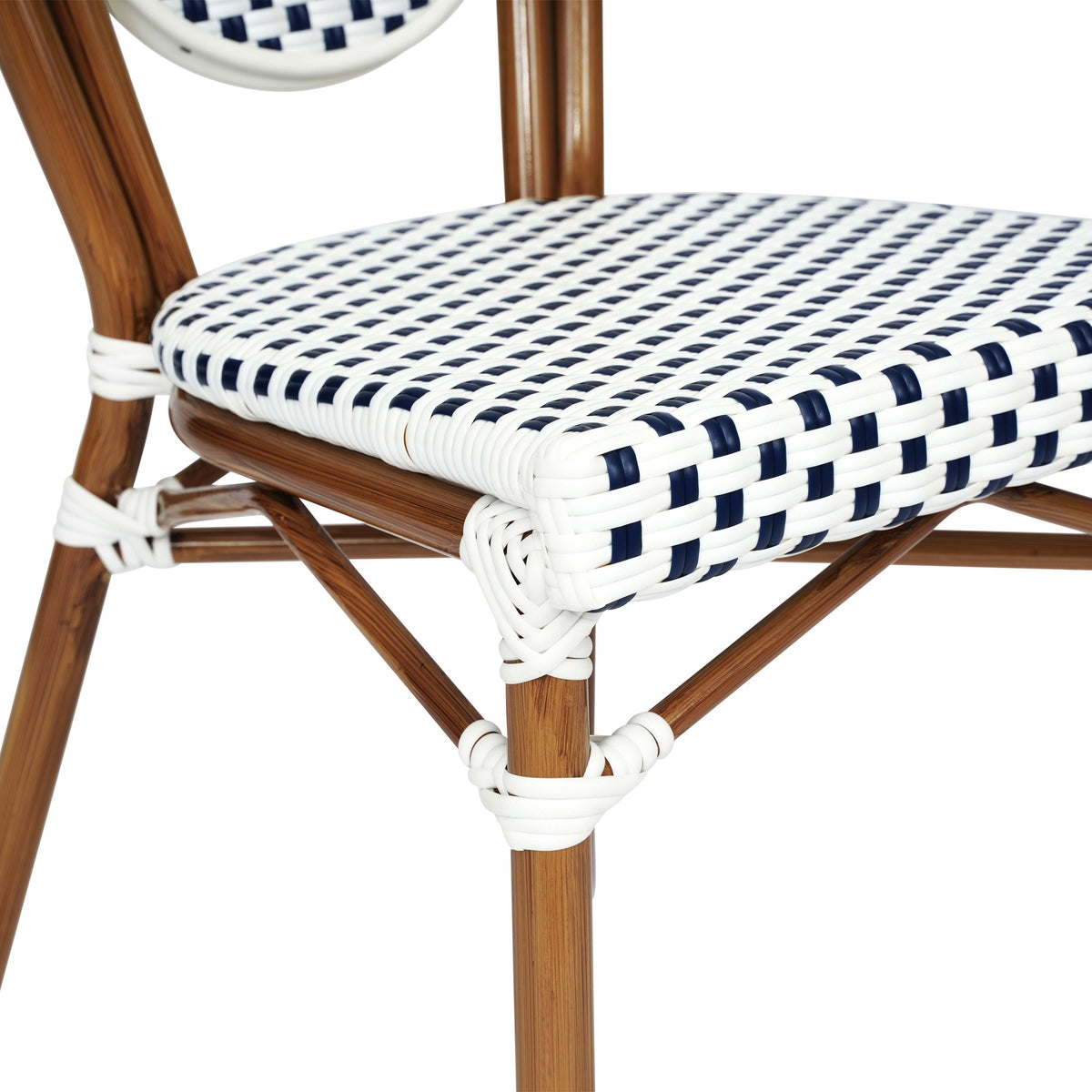 White & Navy/Natural Frame |#| All-Weather Commercial Paris Chair with Bamboo Print Metal Frame-White/Navy