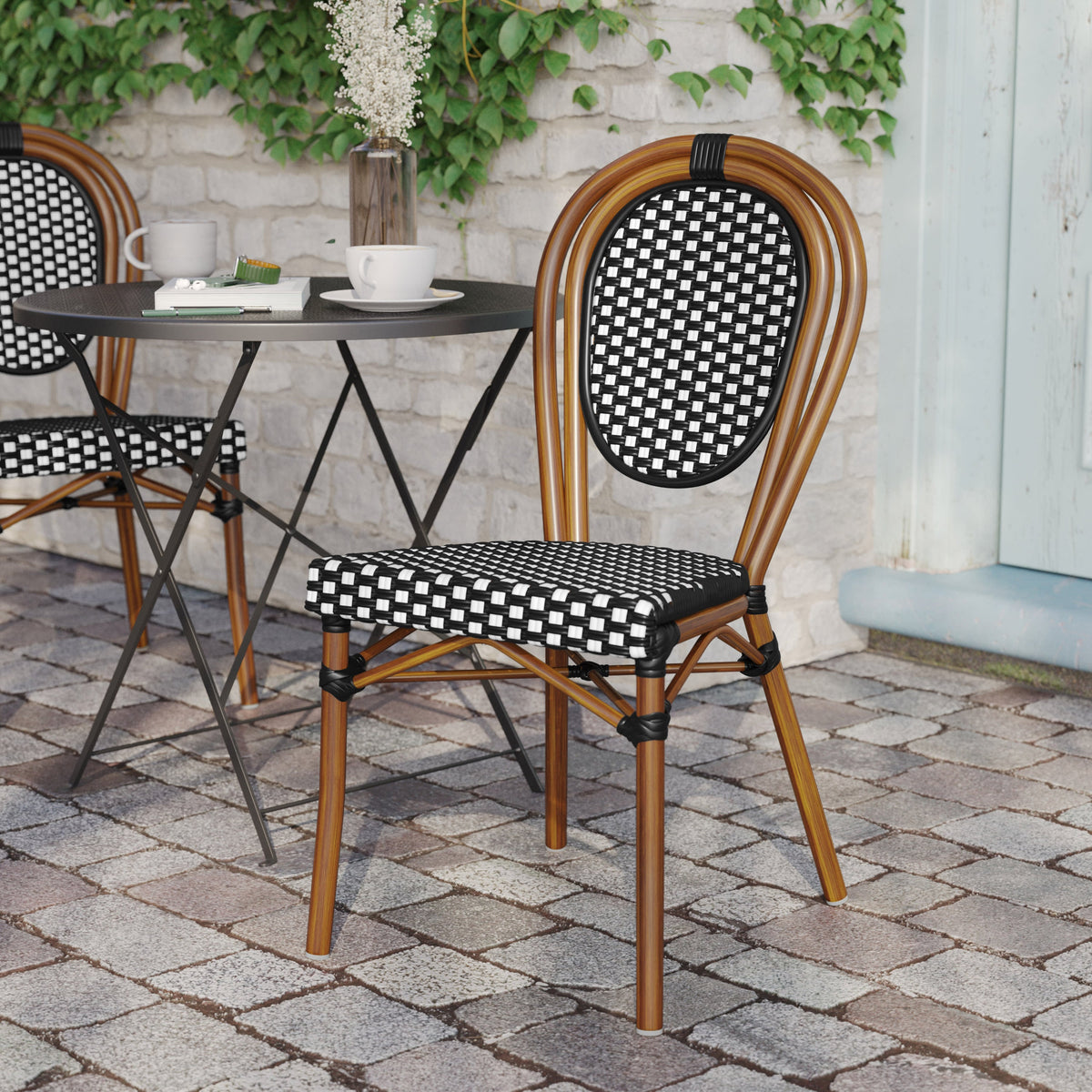 Black & White/Natural Frame |#| All-Weather Commercial Paris Chair with Bamboo Print Metal Frame-Black/White