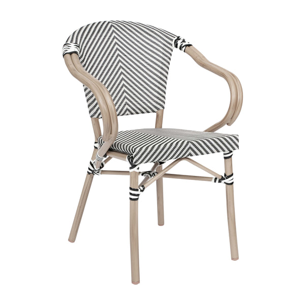 Black & White/Light Natural Frame |#| All-Weather Commercial Paris Chair with Arms and LT Natural Metal Frame-Black/White