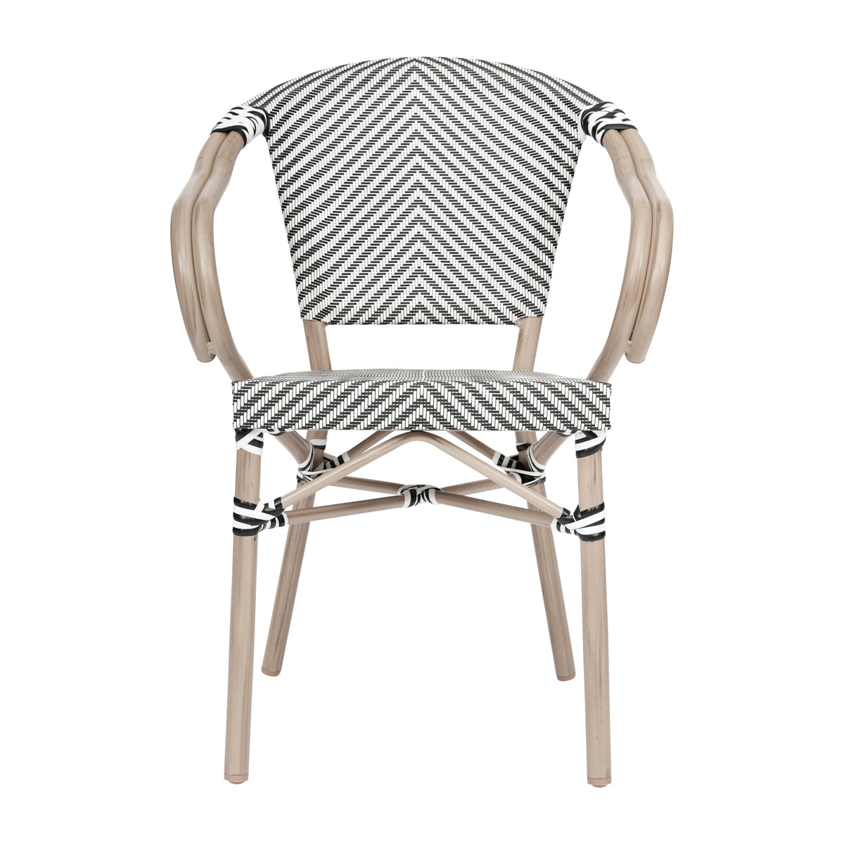 Black & White/Light Natural Frame |#| All-Weather Commercial Paris Chair with Arms and LT Natural Metal Frame-Black/White