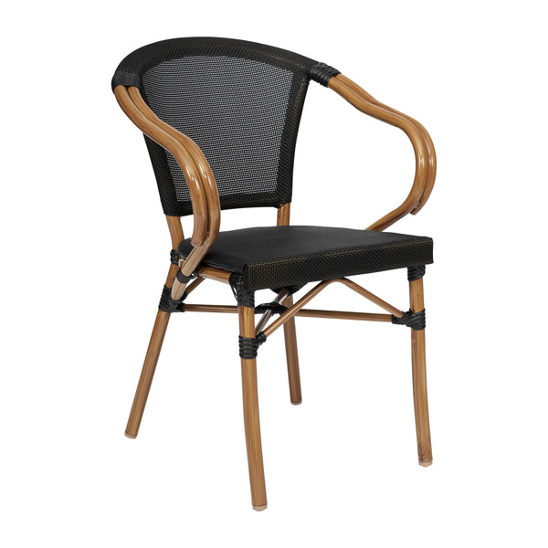 Black/Natural Frame |#| All-Weather Commercial Paris Chair with Arms and Natural Metal Frame-Black