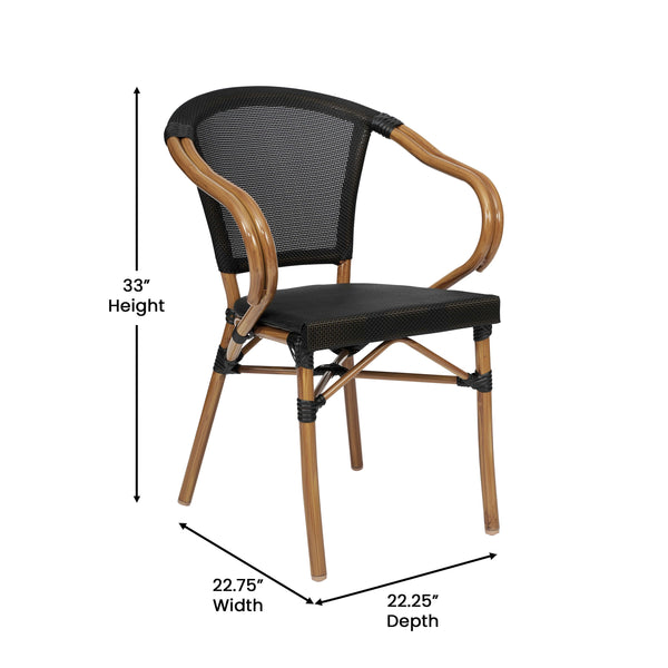 Black/Natural Frame |#| All-Weather Commercial Paris Chair with Arms and Natural Metal Frame-Black