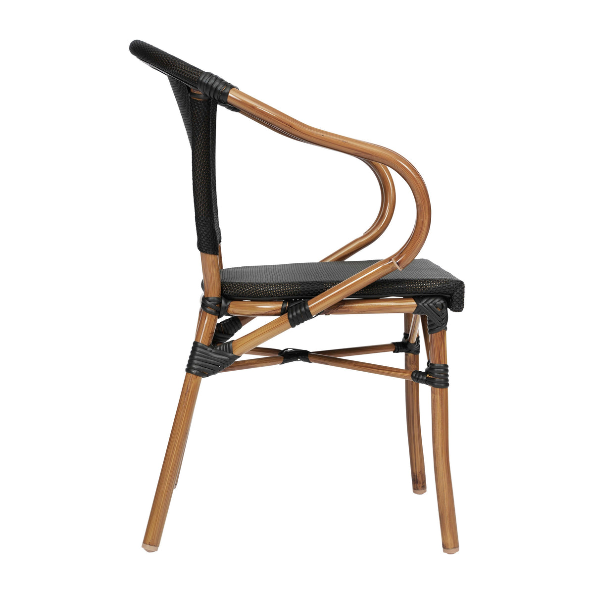 Black/Natural Frame |#| All-Weather Commercial Paris Chair with Arms and Natural Metal Frame-Black