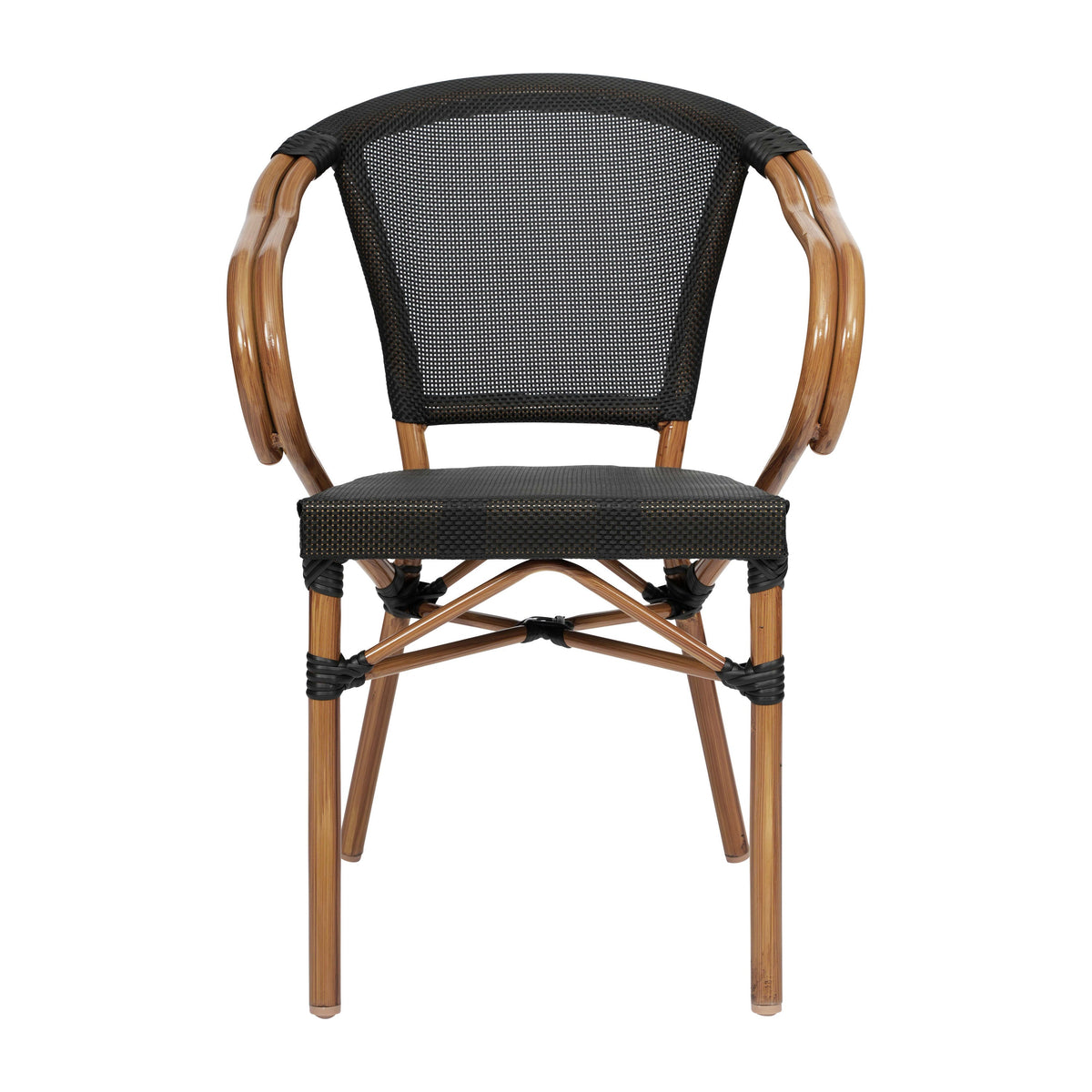 Black/Natural Frame |#| All-Weather Commercial Paris Chair with Arms and Natural Metal Frame-Black