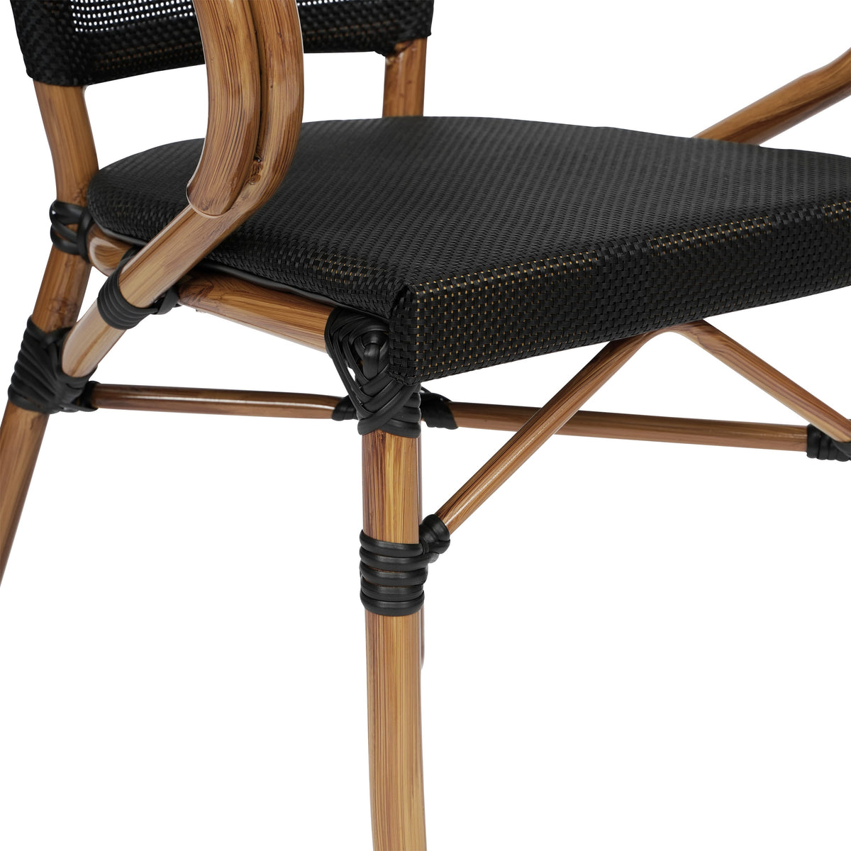 Black/Natural Frame |#| All-Weather Commercial Paris Chair with Arms and Natural Metal Frame-Black