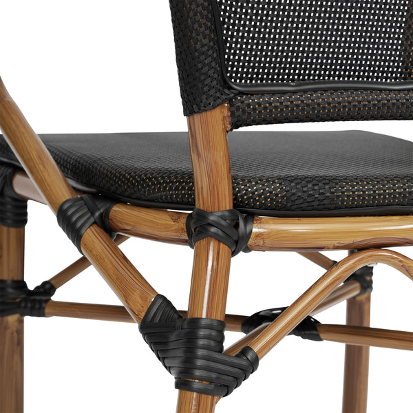 Black/Natural Frame |#| All-Weather Commercial Paris Chair with Arms and Natural Metal Frame-Black