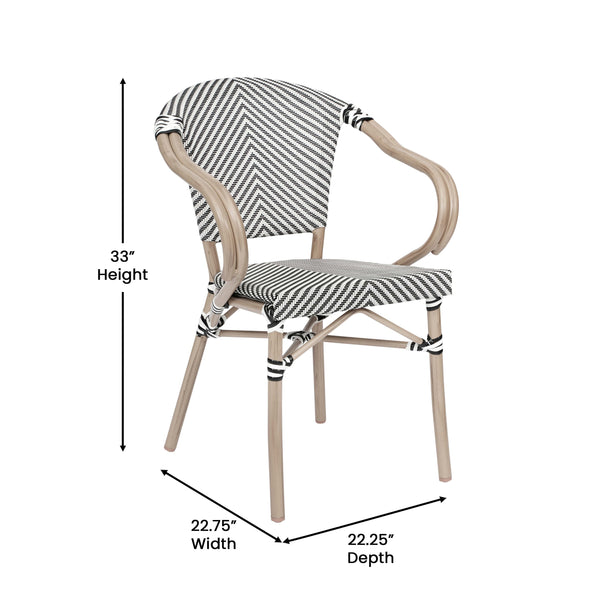 Black & White/Light Natural Frame |#| All-Weather Commercial Paris Chair with Arms and LT Natural Metal Frame-Black/White