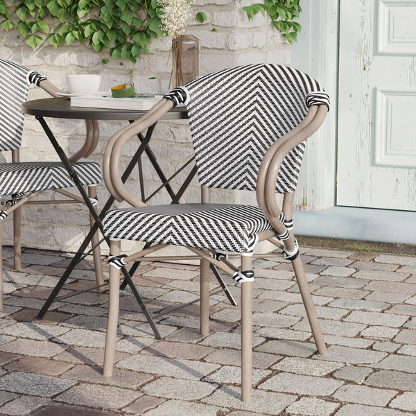 Black & White/Light Natural Frame |#| All-Weather Commercial Paris Chair with Arms and LT Natural Metal Frame-Black/White