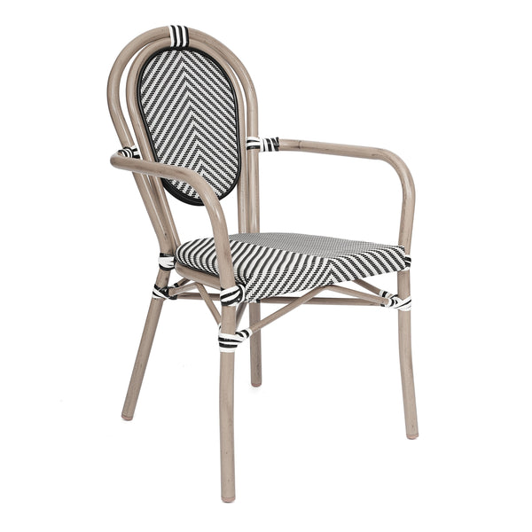 Black & White/Light Natural Frame |#| All-Weather Commercial Paris Chair with Arms and Natural Metal Frame-Black/White