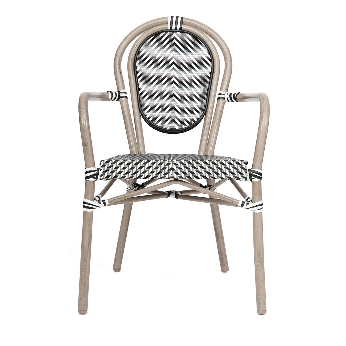 Black & White/Light Natural Frame |#| All-Weather Commercial Paris Chair with Arms and Natural Metal Frame-Black/White