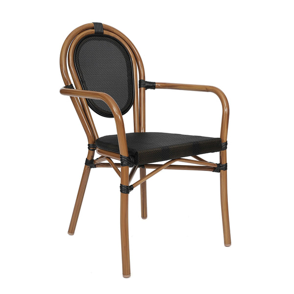 Black/Natural Frame |#| All-Weather Commercial Paris Chair with Arms and Natural Metal Frame-Black