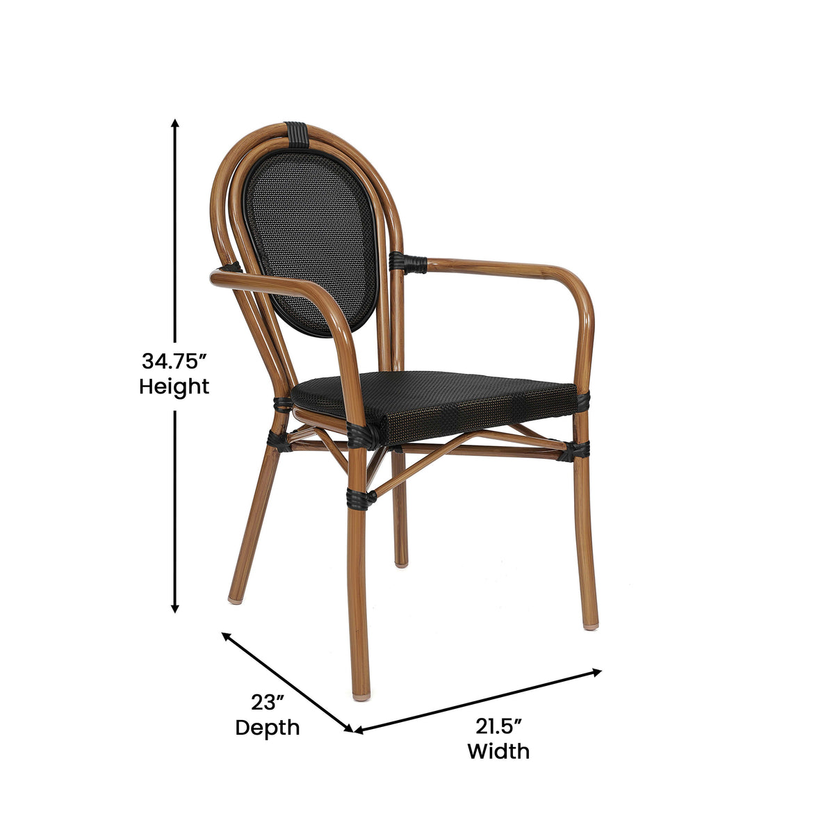 Black/Natural Frame |#| All-Weather Commercial Paris Chair with Arms and Natural Metal Frame-Black