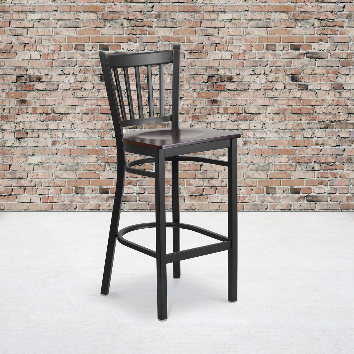 Walnut Wood Seat/Black Metal Frame |#| Black Vertical Back Metal Restaurant Barstool - Walnut Wood Seat