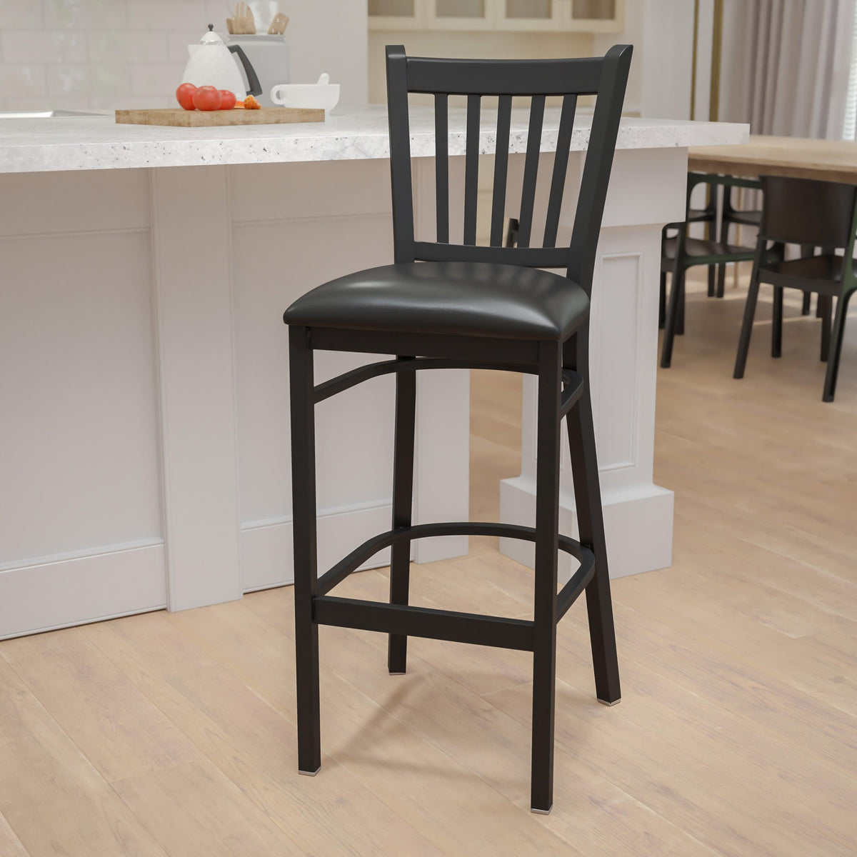 Black Vinyl Seat/Black Metal Frame |#| Black Vertical Back Metal Restaurant Barstool - Black Vinyl Seat