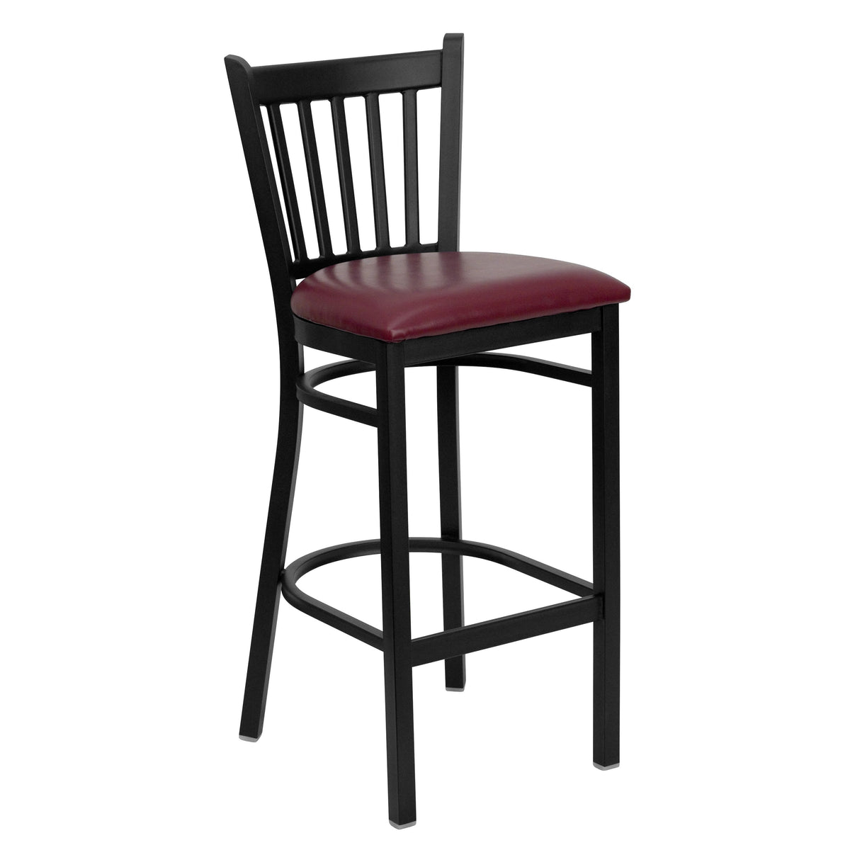 Burgundy Vinyl Seat/Black Metal Frame |#| Black Vertical Back Metal Restaurant Barstool - Burgundy Vinyl Seat