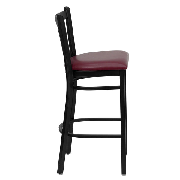 Burgundy Vinyl Seat/Black Metal Frame |#| Black Vertical Back Metal Restaurant Barstool - Burgundy Vinyl Seat