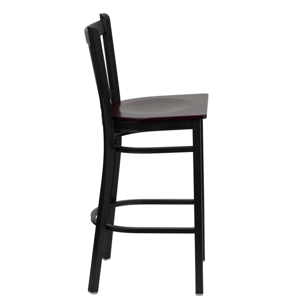 Mahogany Wood Seat/Black Metal Frame |#| Black Vertical Back Metal Restaurant Barstool - Mahogany Wood Seat