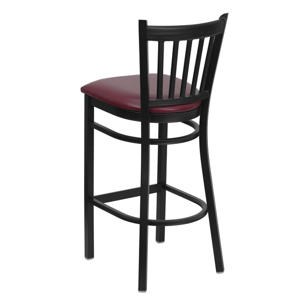 Burgundy Vinyl Seat/Black Metal Frame |#| Black Vertical Back Metal Restaurant Barstool - Burgundy Vinyl Seat