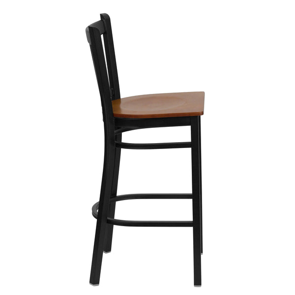 Cherry Wood Seat/Black Metal Frame |#| Black Vertical Back Metal Restaurant Barstool - Cherry Wood Seat