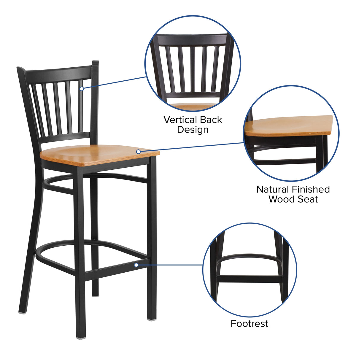 Natural Wood Seat/Black Metal Frame |#| Black Vertical Back Metal Restaurant Barstool - Natural Wood Seat