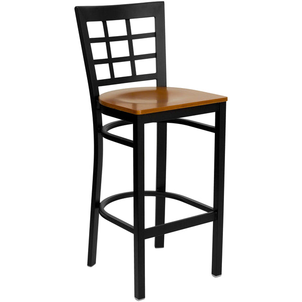 Cherry Wood Seat/Black Metal Frame |#| Black Window Back Metal Restaurant Barstool - Cherry Wood Seat