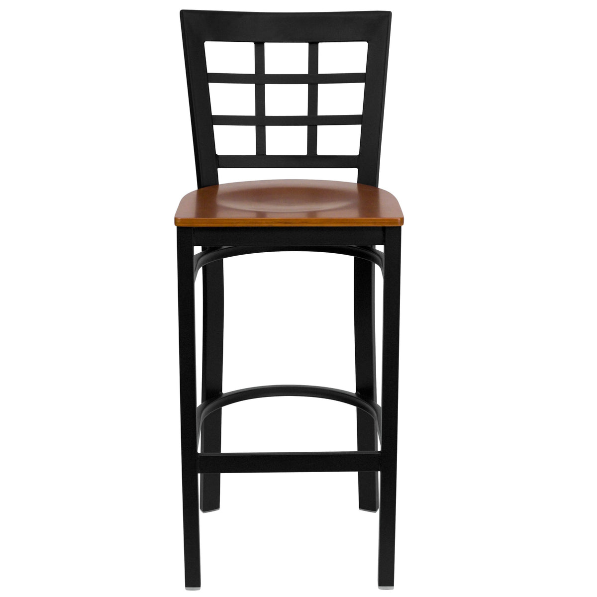 Cherry Wood Seat/Black Metal Frame |#| Black Window Back Metal Restaurant Barstool - Cherry Wood Seat