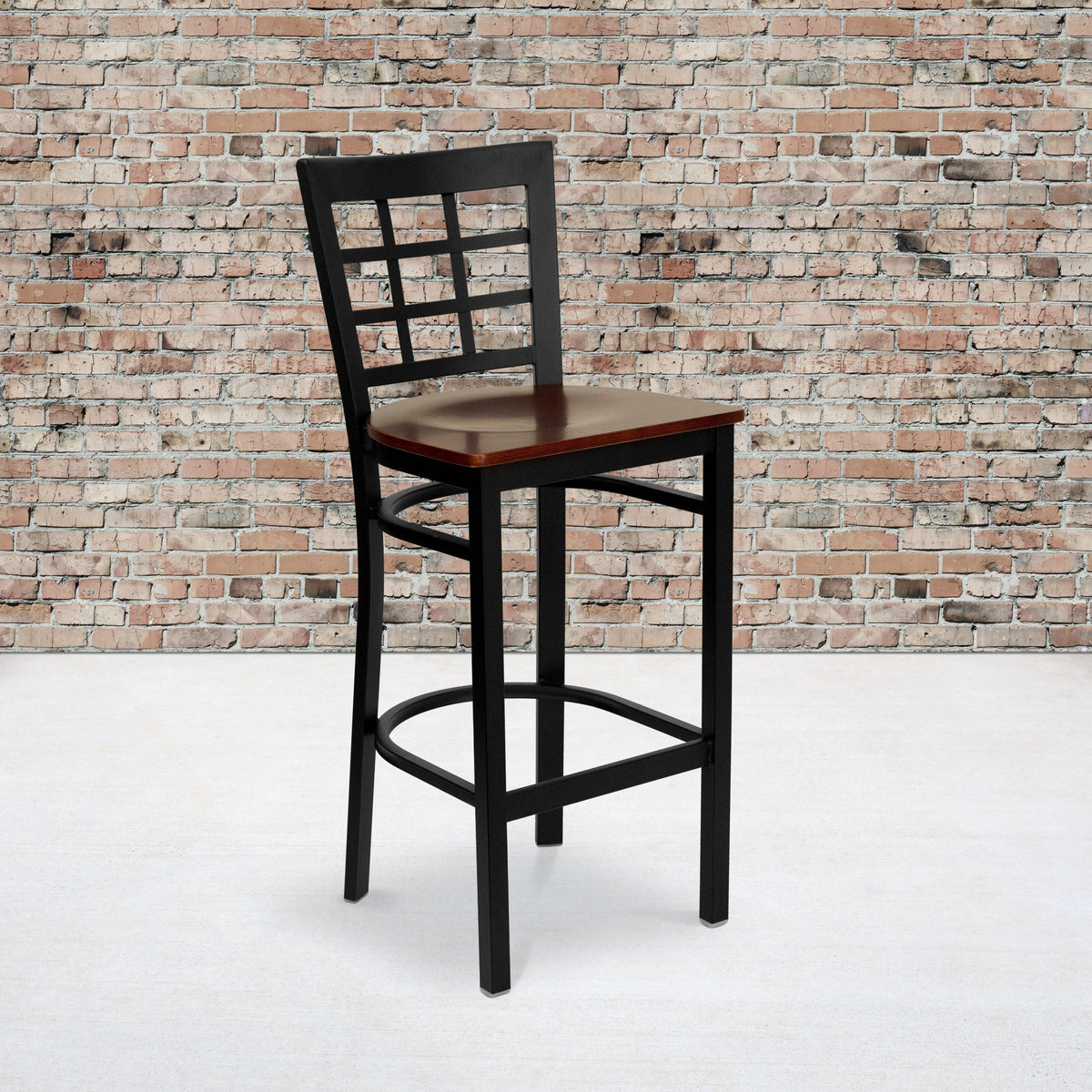 Mahogany Wood Seat/Black Metal Frame |#| Black Window Back Metal Restaurant Barstool - Mahogany Wood Seat