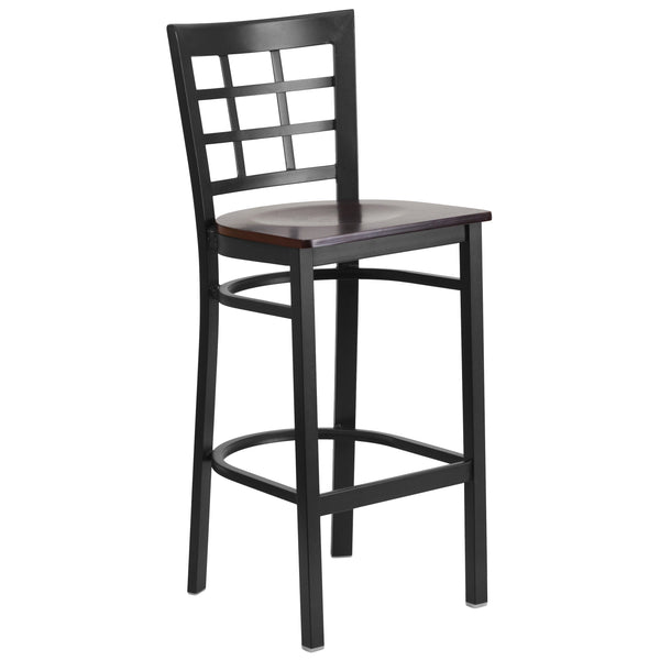 Walnut Wood Seat/Black Metal Frame |#| Black Window Back Metal Restaurant Barstool - Walnut Wood Seat