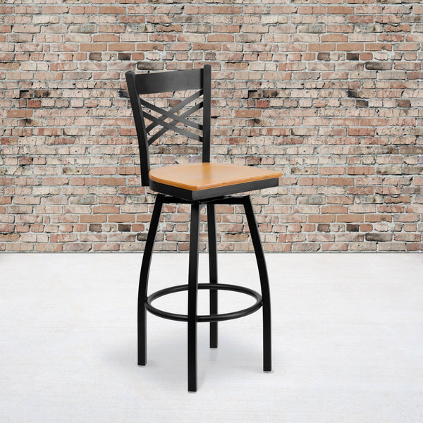 Natural Wood Seat/Black Metal Frame |#| Black inchXinch Back Swivel Metal Barstool - Natural Wood Seat